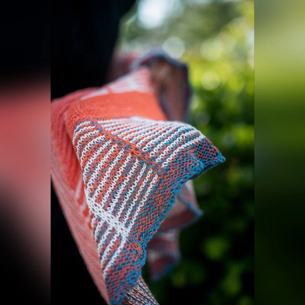 Hand Crafted OOAK Avantgarde Boho Striped Cotton Orange Blue Summer Knit Shawl - Picture 14 of 15